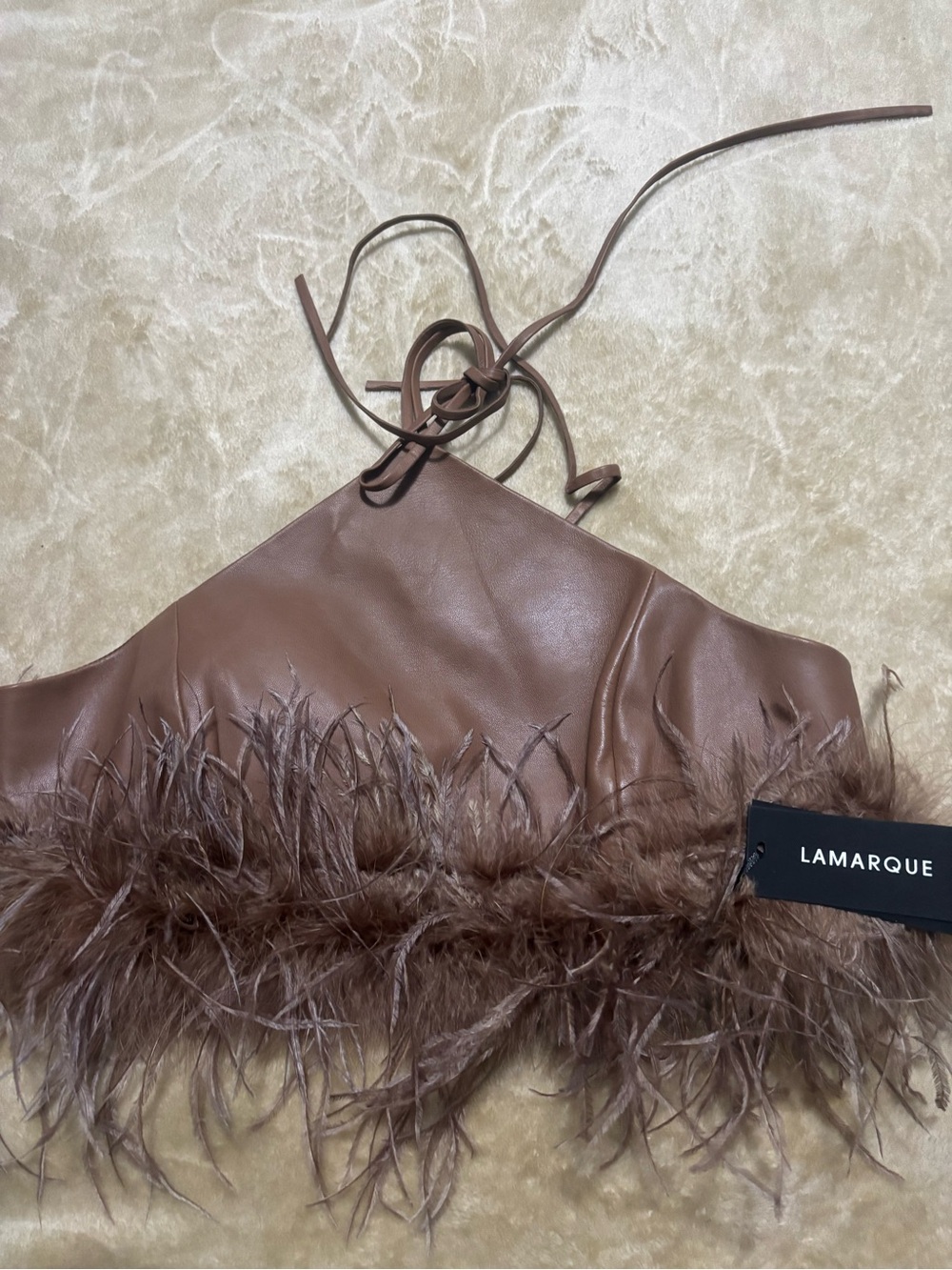 Lamarque Brown Feather-Trim Halter Bandeau